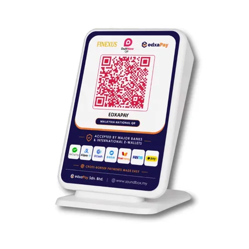 DuitNow QR soundbox displaying a payment QR code